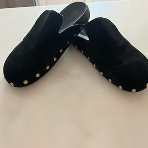 J. Crew Black Mules with Gold Accents